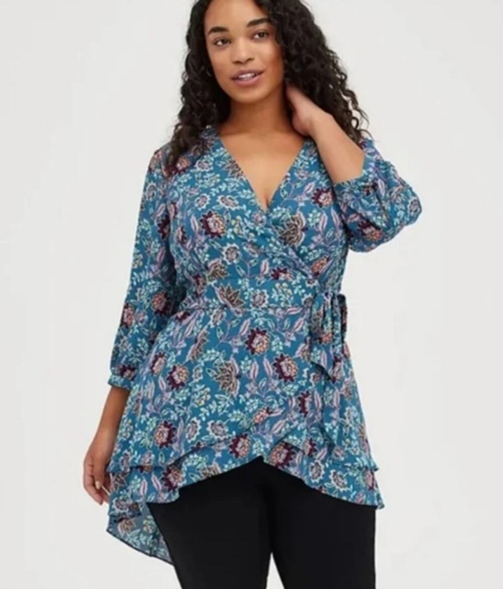 Torrid Floral Wrap Top Womens Size 1X Georgette Tunic Teal High Low Boho Chic